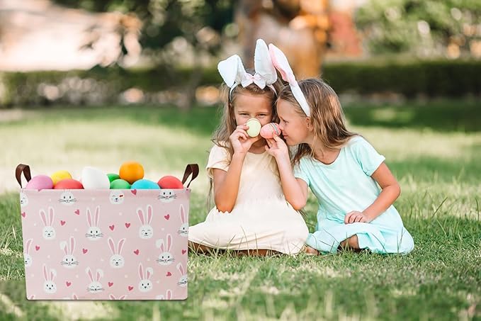 Rectangular Pink Bunny Easter Gift Basket,Pink Storage Basket with Handles,Toys/Books Box,Room Decor(Bunny)