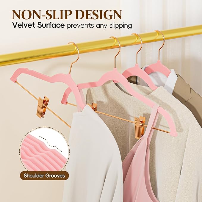 Velvet Hangers with Adjustable Clips 25 Pack, Space Saving, Non-Slip Slim Felt Clothes Hangers for Pants, Skirts, Dress, Suits, Heavy Duty Rose Gold Metal Hanger with 360° Swivel Hook (Pink)