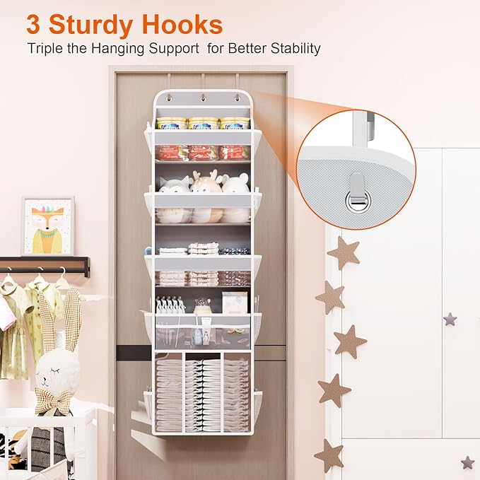 OneDream Over the Door Organizer for Nursery, 5-Tier Baby Clothes Organizer with Removable Storage Caddy, Hanging Behind Door Storage with Clear Pockets and Side Mesh Compartments, Grey