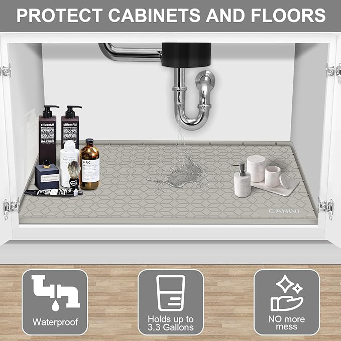 Under Sink Mat, 31" x 22" Waterproof Silicone Under Sink Tray for Kitchen & Laundry Cabinets, Kitchen Cabinet Shelf Protector, Up to 3.2 Gallons Liquid, Fits 36 inch Standard Cabinet (Khaki)