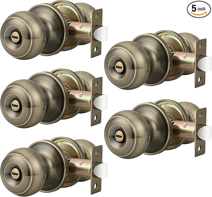 Probrico Privacy Door Knobs Lock Interior Bedroom Bathroom Door Handle Antique Brass Round Ball Keyless Lockset 5 Pack
