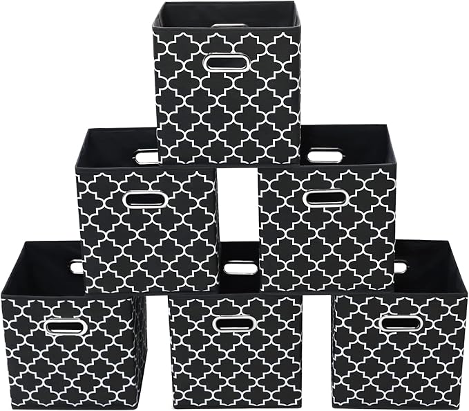 Fabric storage bins Cubes, Fabric Cube Organizer with Handle, Foldable Cube Bins for Cloth or Accessary Storage, 11x11x11 set of 6,Black Light