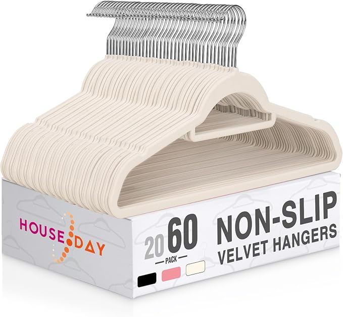 HOUSE DAY Velvet Hangers with Tie Bar 60 Pack Ivory, Clothes Hanger Non-Slip, Space Saving Felt Hangers for Pants, Coat, Suits, Shirt, Scarf, No Hanger Marks
