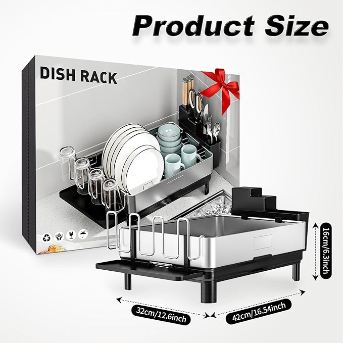 Dish Drying Rack, 304 Stainless Steel Dish Racks for Kitchen Counter, Dish Drainers with Automatic Drainage, Utensil Holder & Cups Holder, Space Saving Kitchen Organizer, Black
