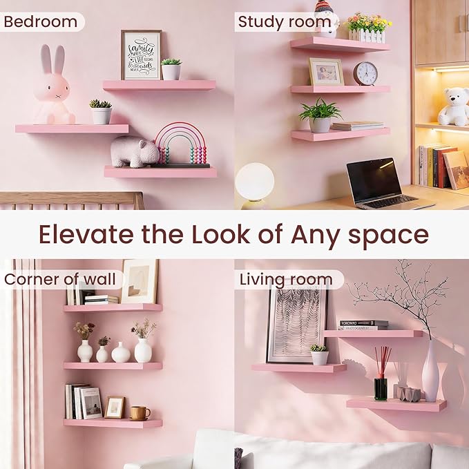 BAYKA Pink Floating Shelves for Wall – 15.7in Wood Wall Shelves for Bathroom, Bedroom, Living Room Decor Organize – Hanging Shelf for Books/Storage/Display with 22lbs Capacity(Set of 3)