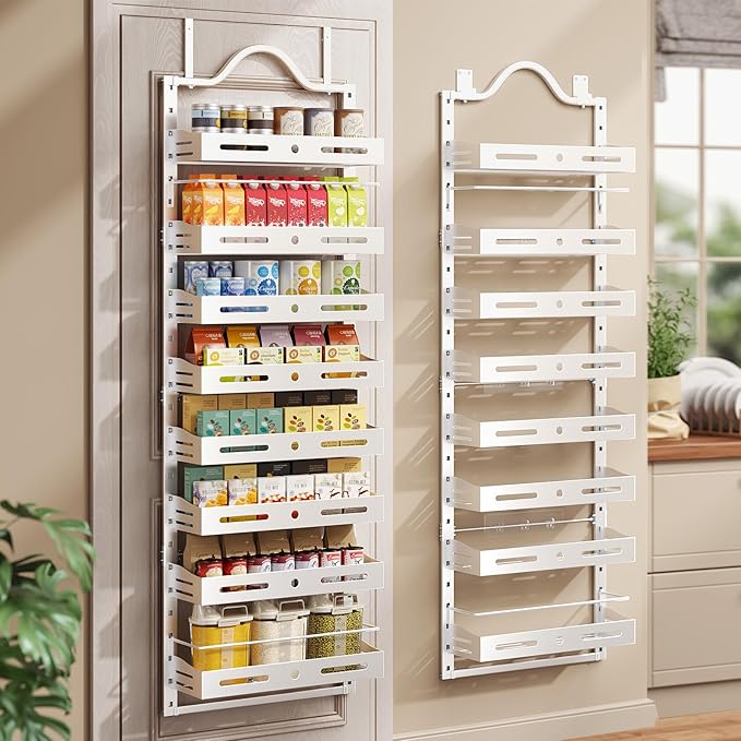 8-Tier Over The Door Pantry Organizer, Large 2 IN 1 Wall Mount or Hanging Spice Rack, Pantry Door Organizer and Storage with Adjustable Basket, Door Spice Rack for Pantry, White