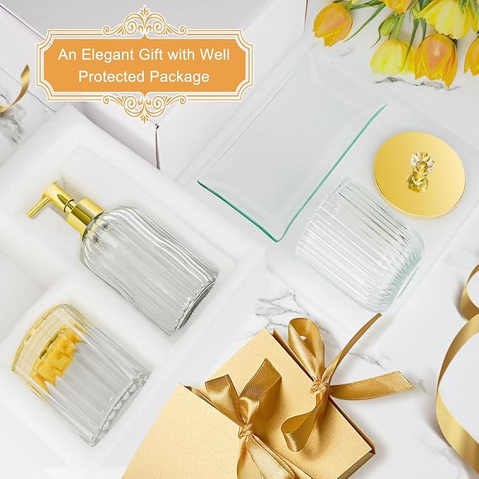 Gold Bathroom Accessories 4Pcs of Glass Bathroom Counter Organizer Set,Toothbrush Holders, Soap Dispenser, Apothecary Jar, Vanity Tray, Bathroom Decor Gifts