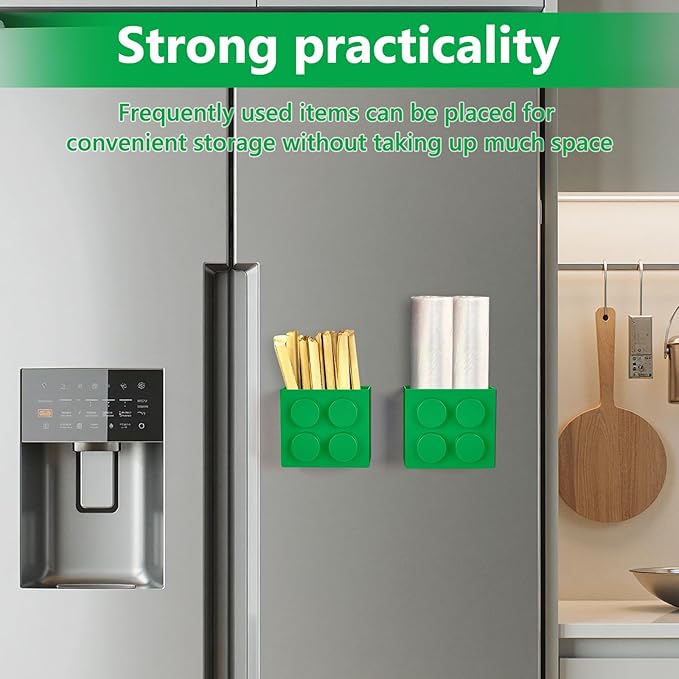 Magnetic Basket Organizer for Fridge - Lego-Style ABS Plastic Storage Box,No Drill Design for Kitchen Counter, Microwave & Whiteboard, Holds Up to 3.5 lbs (Green)