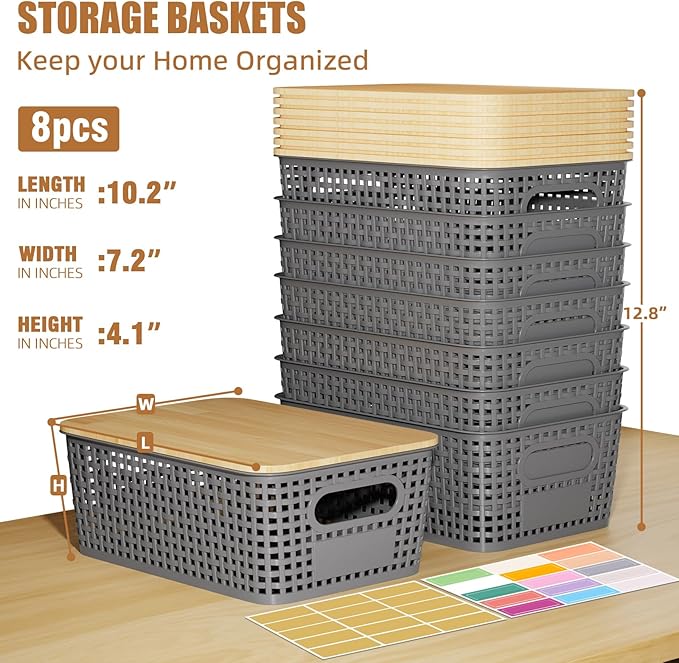 8 PCS Plastic Storage Bins with Bamboo Lid, Stackable Storage Bins with Lids & Labels for Organizing, Storage Bins for shelves, Office, Drawer, Cabinet & Pantry,Nursery Organization,10.2x7.2x4 .1In