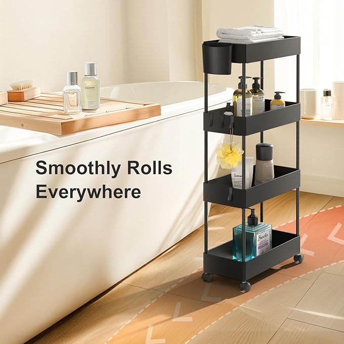 Pipishell Slim Storage Cart with Wheels - Bathroom Cart Organizer Storage, 4 Tier Rolling Carts for Bathroom, Laundry Room, Kitchen, Narrow Space, Black PIUC05