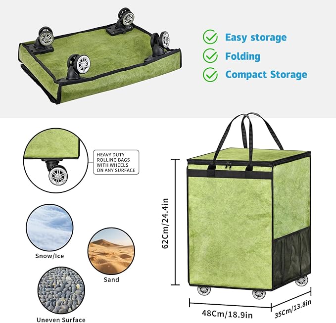Boczif Large Laundry Basket Hamper Bag, Reusable Grocery Bag Collapsible Cart with Wheels and Handle, Rolling Tote Shopping Bags Storage Organizer for Clothes & Groceries, Trip, Sports, Picnic (Green)