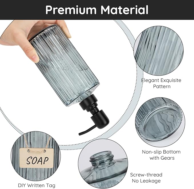 Segbeauty 16.9oz Glass Soap Dispenser for Kitchen, 2 Pack 500ml Large Pump Bottles with Blank Tag, Shower Soap Dispenser Bathroom Modern Decor Kitchen Hand Dish Shampoo and Conditioner Dispenser