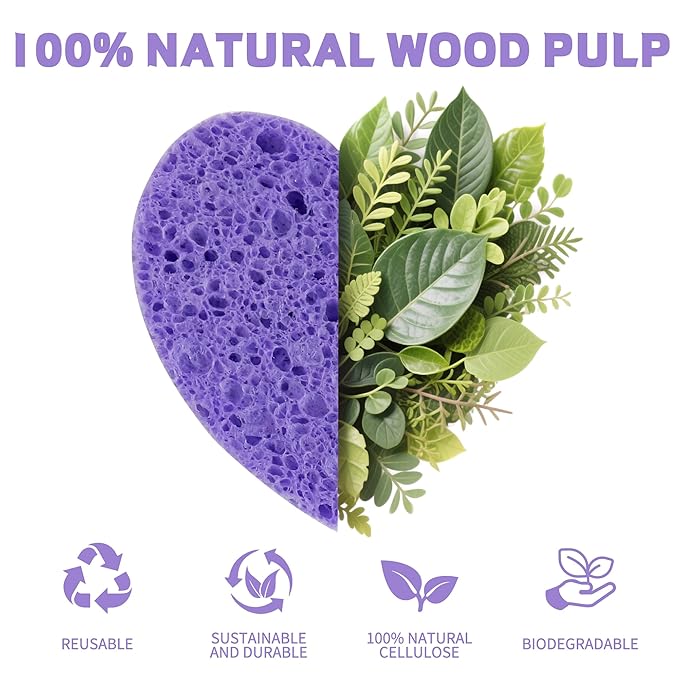 60-Count Kickleen Compressed Cellulose Heart Shape Facial Sponges | Natural Cosmetic Spa Sponges for Facial Cleansing | Exfoliating | Makeup Mask Removal | Reusable | Skin Massage (Purple)