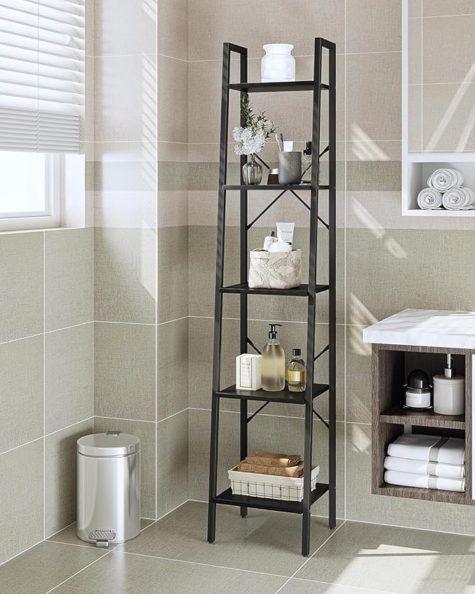 Ladder Shelf, Bookshelf Bookcase, Freestanding Corner Storage Shelve with 2 Hooks for Home Office, Living Room, Kitchen, Bedroom, Industrial, 11.8" D x 13.4" W x 63" H, Black BC03204B