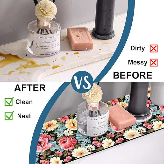 Colorful Flowers Sink Faucet Absorbing Mat Vintage Floral Super Absorbent Fast Drying Mat Sink Gadgets Behind Faucet Sinkmat for Kitchen Bathroom, 23.5"x5.5"