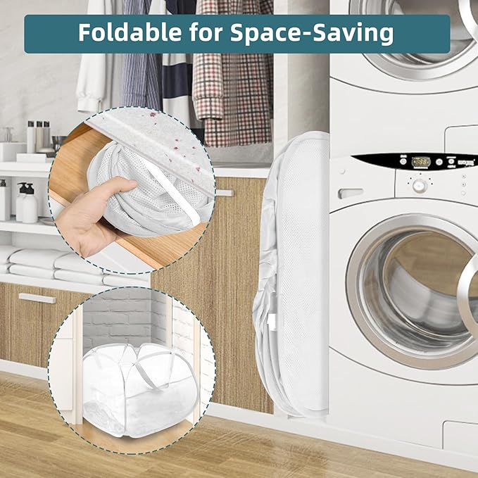2 Pack Collapsible Laundry Baskets, 90L Large Foldable Laundry Basket, Durable Mesh Pop Up Hampers for Laundry, Dirty Clothes Laundry Hamper for Bedroom, Bathroom, Dorm, Laundry Room, Travel White