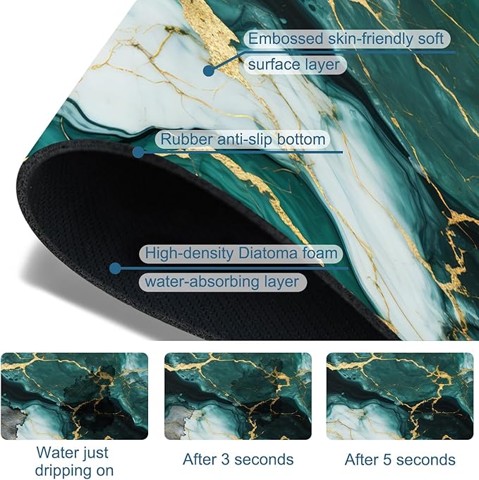 Green Marble Sink Faucet Absorbing Mat Liquid Gold Marble Super Absorbent Fast Drying Mat Sink Gadgets Behind Faucet Sinkmat for Kitchen Bathroom, 15.5"x5.5"