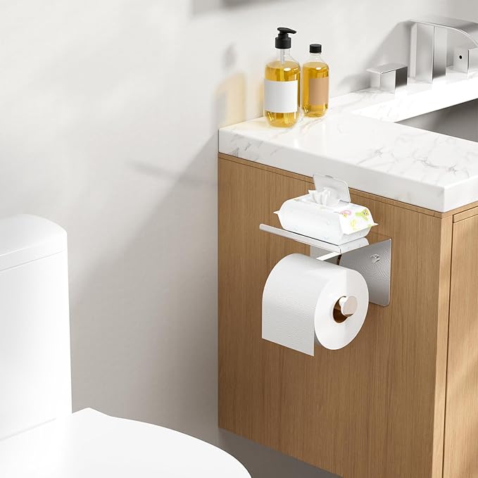 FORIOUS Toilet Paper Holder with Shelf, Adhesive or Screw Wall Mount Toilet Roll Holder for Bathroom, Rustproof 304 Stainless Steel Commercial Toilet Tissue Holder with Phone Shelf, Chrome