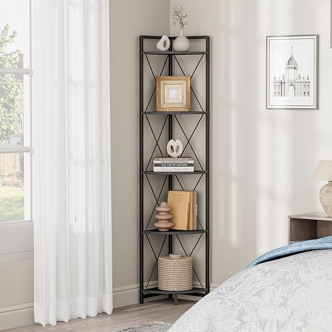 5 Tier Corner Shelf Stand, 64" H Tall Industrial Corner Bookshelf for Living Room Decor, Metal Corner Shelf, Plant Stand Display Shelf for Bedroom, Bathroom, Small Space, Black
