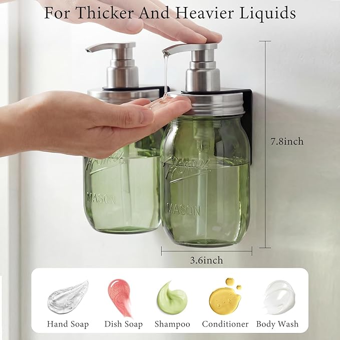 Amolliar Plastic Mason Jar Soap Dispenser with Pump Lid,16OZ Refillable BPA-Free Hand Soap Dispenser Set with Cute Lables, Farmhouse Decor for Kitchen/Bathroom, Liquid Dish Soap, Lotion(2 Pack, Green)