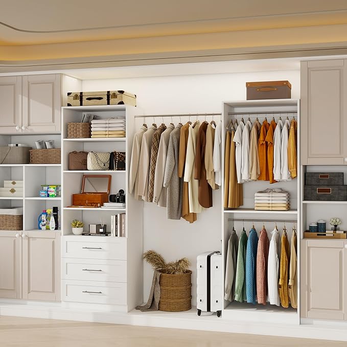 Closet System of 2 Sets with 3 Drawers & 4 Shelves & 4 Hanging Rods, 4FT-10FT Closet Organizer System, Walk in Closet, Modular Closet System White (4FT)