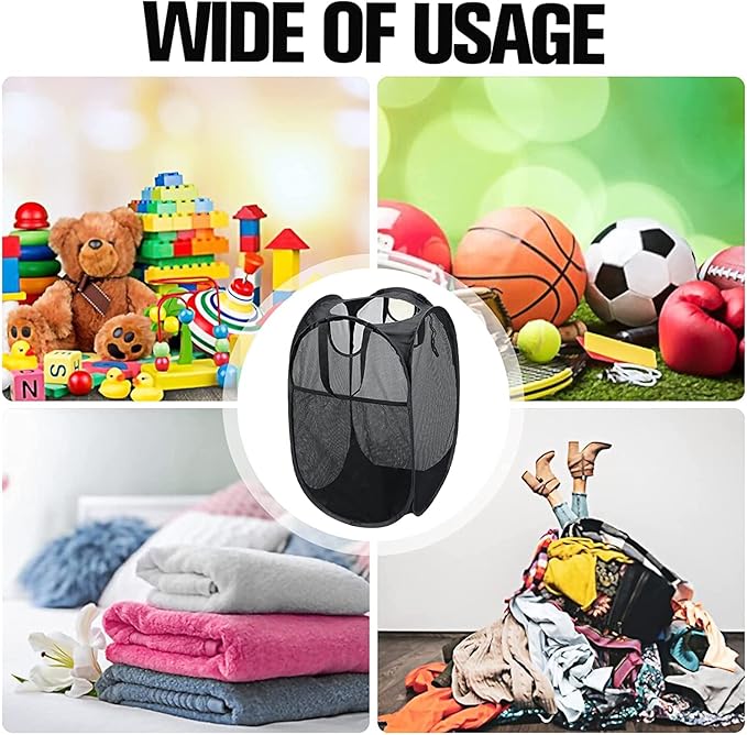 AQQA 9 Pcs Mesh Popup Laundry Hamper Set, Black/White/Blue, Durable Handles, Foldable, Sturdy Mesh Construction, Ideal for Kids, Teens, Adults, College Dorm, Camping, Hotel, Travel (Pack of 2)