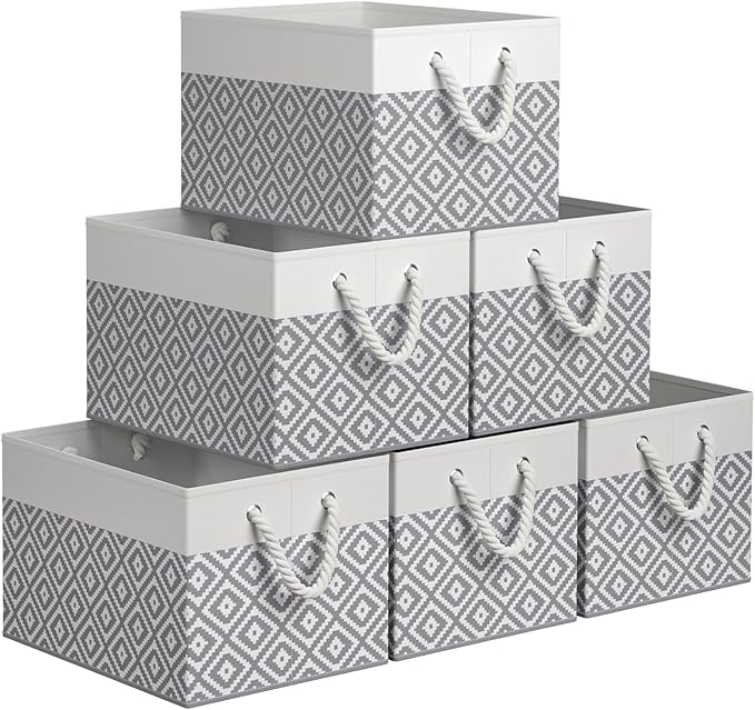 Storage Bins, 6-Pack Large Storage Box with Rope Handles, Collapsible Storage Basket for Organizing Books,Clothes,Rhombic Grey