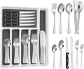 53PCS Silverware Set for 8 with Flatware Drawer Organizer, Stainless Steel Cutlery Set with Steak Knives, Include Spoons and Forks Set & Serving Utens, Dishwasher Safe, Heavy Duty, Silver