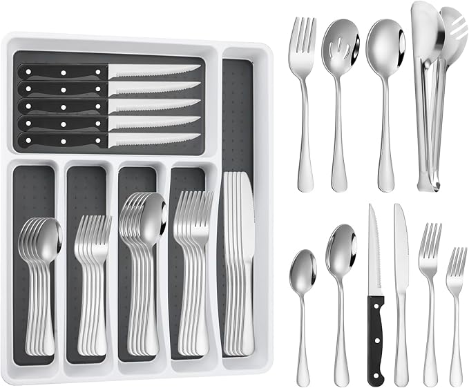 53PCS Silverware Set for 8 with Flatware Drawer Organizer, Stainless Steel Cutlery Set with Steak Knives, Include Spoons and Forks Set & Serving Utens, Dishwasher Safe, Heavy Duty, Silver
