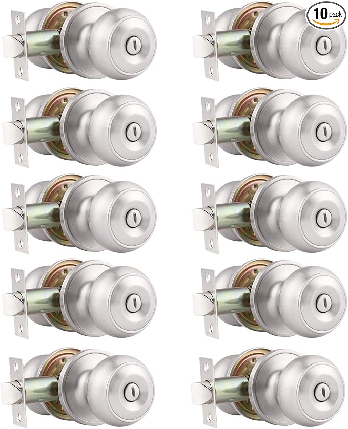 Probrico 10 Pack Round Privacy Door Knob(Thumb Turn Lock on The Inside), Keyless Doorknobs Interior/Exterior Lockset,Privacy Knobs for Bedroom/Bathroom,Satin Nickel Modern Design Door Hardware