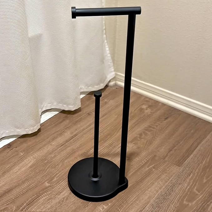 theaoo Heavy-Duty Toilet Paper Holder Stand – Modern Freestanding Bathroom Toilet Tissue Paper Roll Holder with Reserve & Storage, Stainless Steel (Black, Free Standing)