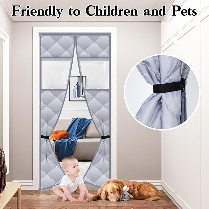 Magnetic Thermal Insulated Door Curtain with Detachable Visible Windows, Thicken Polyester Fiberfill & Durable Oxford Fabric, Hands Free Windproof Door Screen