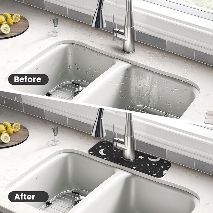 Faucet Draining Mat For Kitchen Sink, Moons Stars White Diatom Mud Absorbent Drain Pad For Bathroom Kitchen Sink Splash Guard Drying Mat