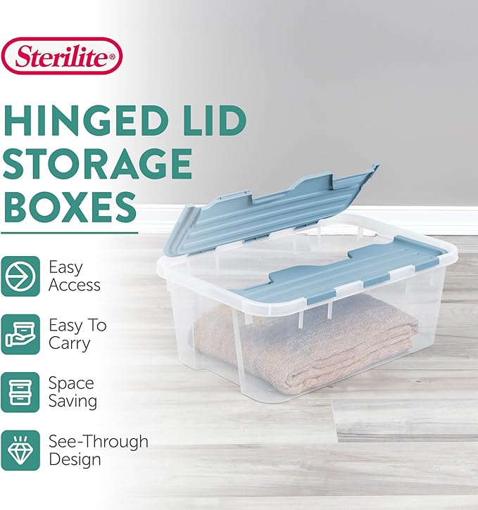 Sterilite 24 Pack Hinged Lid Storage Box, 40 Qt Plastic Container, Washed Blue - Home Organizer Tote for Storing Shoes, Crafts, Clothing, or Decor