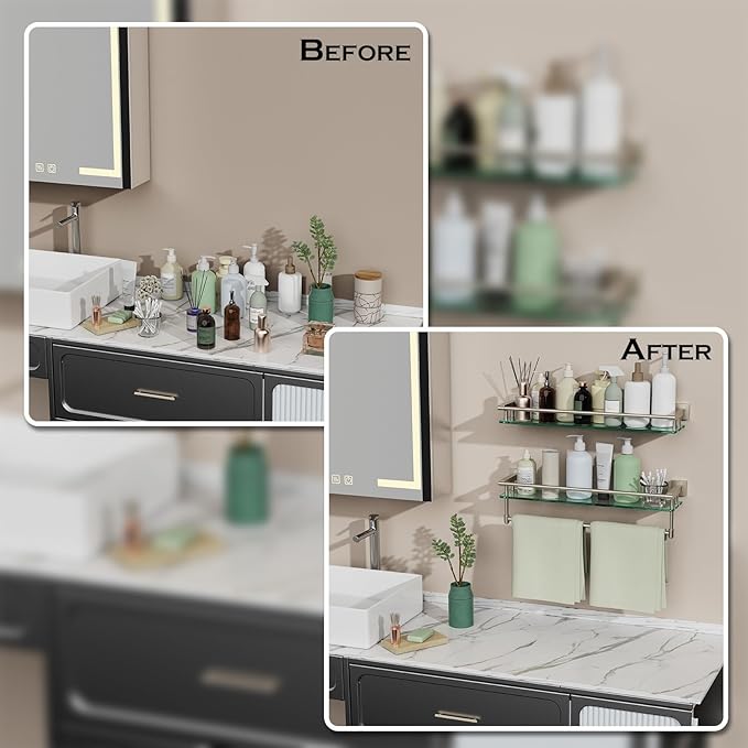 SFGSOWOR Glass Shelf for Bathroom Wall Sheves 24 inch Rectangular Stainless Steel Tempered Glass Modern Stainless Steel Wall Mount Accessories Organizers Storage (Brushed Nickel, 24‘’)