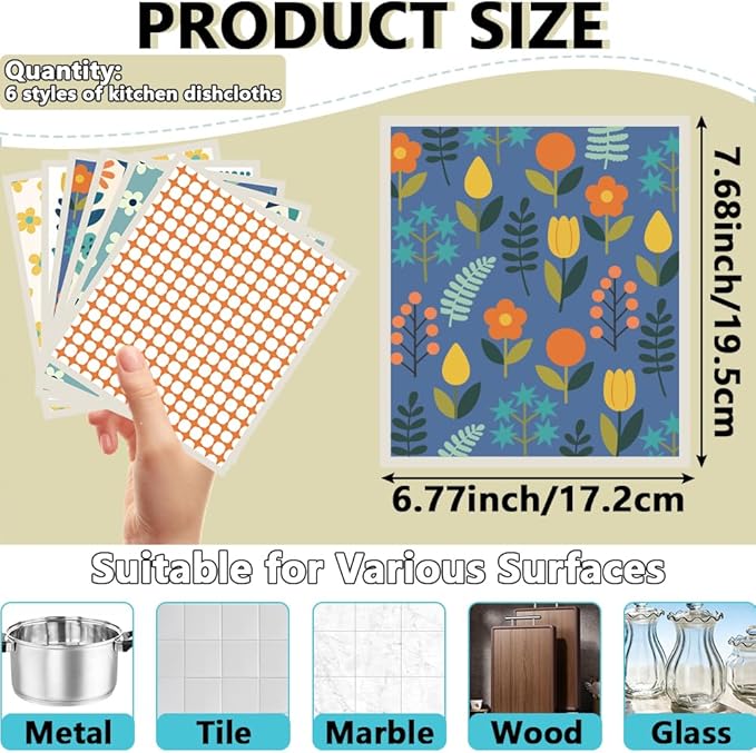 6Pcs 6 Styles Swedish Dish Cloth Floral Quick Drying Sponge 7.7 x 6.8 Inch for Kitchen Countertop Cleaning, Swedish Dishcloths Reusable Absorbent Decorative Towels for Dishes Tableware Use