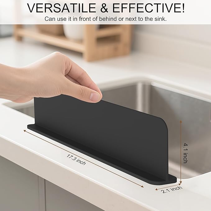 Silicone Sink Splash Guard, Sink Splash Guard with Suction Cup, Kitchen Sink Splash Guard that Can Be Placed Behind the Sink, Sink Splash Guard(17.3 x 4.1 Inch Black)