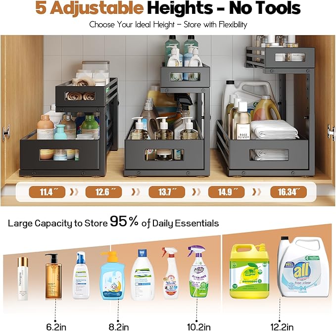 2-Pack Under Sink Organizer and Storage,2-Tier L Shape Pull Out Cabinet Organizer With Round Tube Slide Rails,Hight Adjustable Slide Out Drawers for Kitchen&Bathroom,Multi-Purpose Shelf-Black
