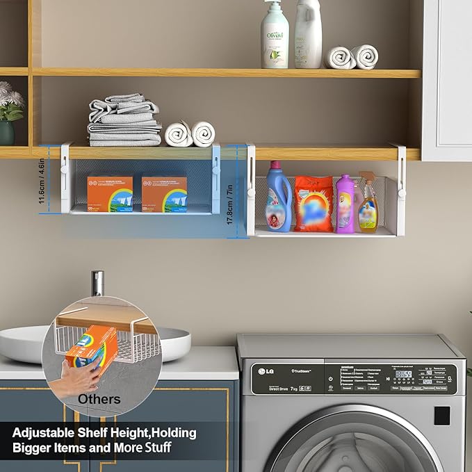 2Pack Under Shelf Basket Organizer,Adjustable Hanging Holder for Cabinet Pantry Kitchen Cupboard Desk Counter Bookshelf Organization Add-on Space Saver Heavy Duty Slide-in (White, Large)