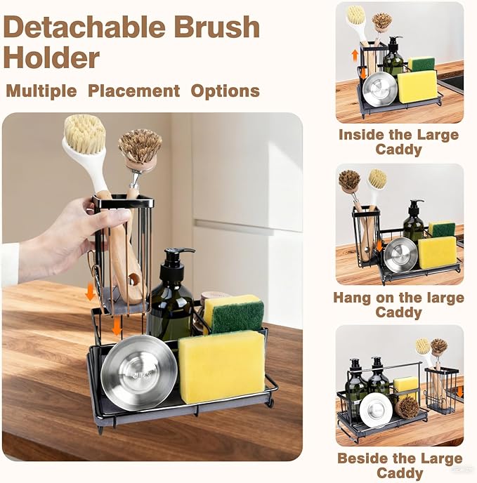 Kitchen Sink Caddy with Instant Drying Stone: Sink Sponge Holder, Stainless Steel Countertop Organizer Basket for Sponge, Scrubbers, Soap, Towel, Bathroom, Desk& Wall Mounted Mode, 2 Diatomaceous Pad