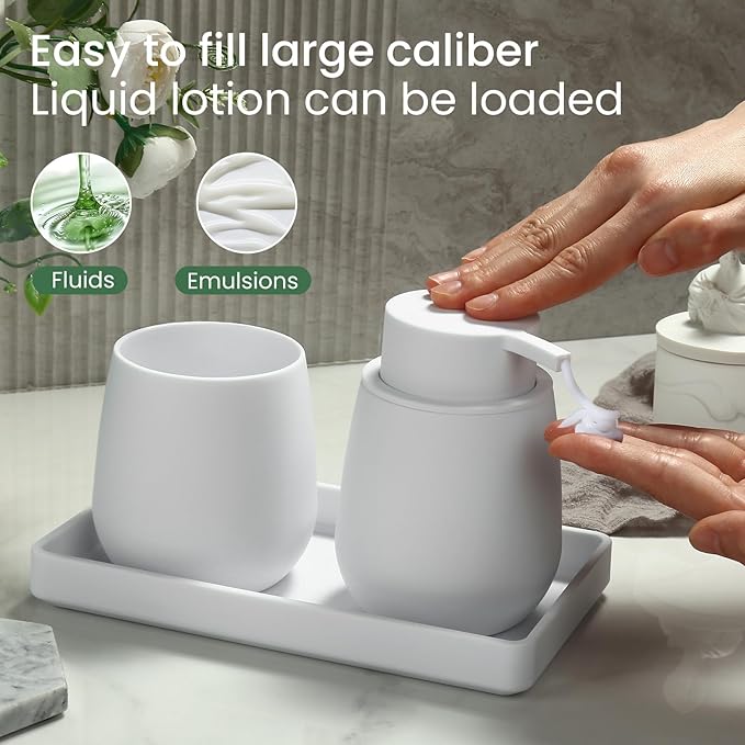 Bathroom Accessories Set, Modern 3 Pcs Bathroom Essentials - Soap Dispenser, Toothbrush Holder & Tray, Countertop Vanity Organizer (White)