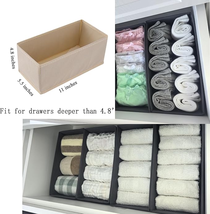 Drawer Organizer Set of 4 Beige - Fabric Storage Bins for Clothes, Underwear, Socks & Bras - 11" Dresser Dividers for Bedroom Closet