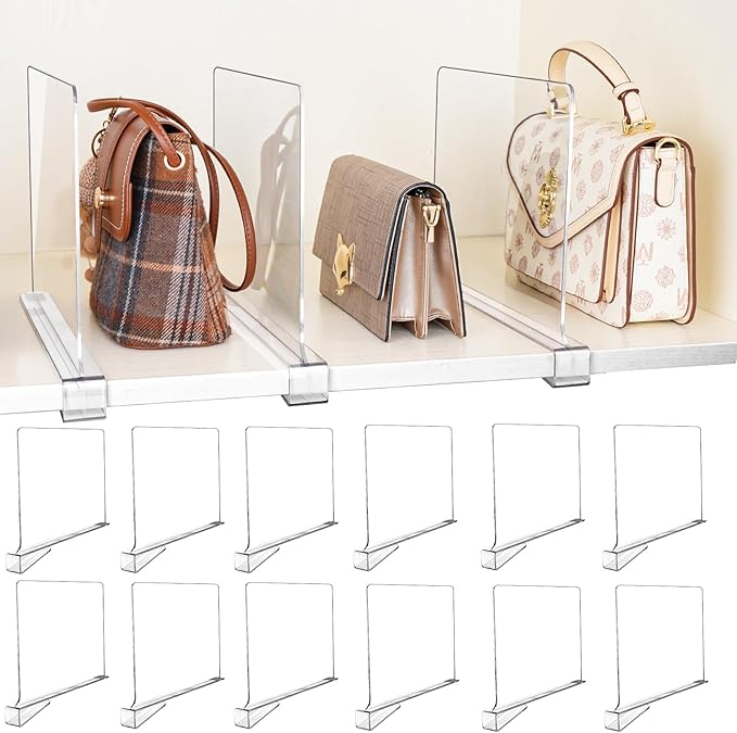 12 Pack Shelf Dividers, Adjustable Shelf Dividers for Closet Organization with Non-Slip Design, Clear Acrylic Shelf Dividers for Clothes, Handbags, Purses, Towels, Bookshelf in Home Organization