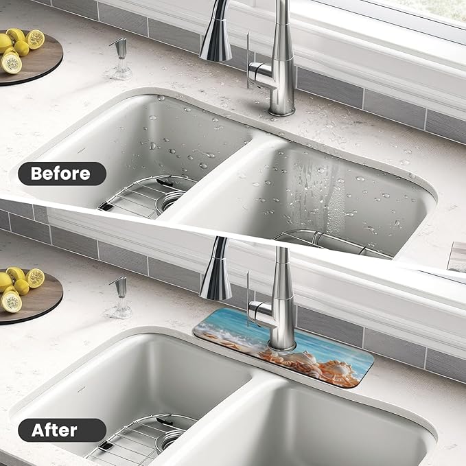 Faucet Draining Mat For Kitchen Sink, Beach Seashells Starfish Diatom Mud Absorbent Drain Pad For Bathroom Kitchen Sink Splash Guard Drying Mat