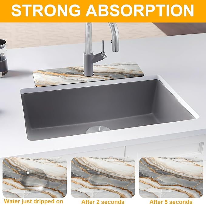2 Pack Marble Texture Sink Splash Guard Faucet Mat Liquid Gold Marble Texture Super Absorbent Fast Drying Mat Sink Gadgets-Splash Guard Behind Faucet Drip Catcher for Kitchen Bathroom, 23.5"x5.5"