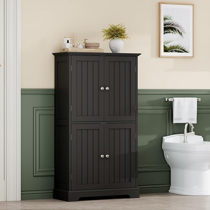 ChooChoo Bathroom Floor Cabinet, Modern Bathroom Storage Cabinet with 4 Doors and Adjustable Shelves, Freestanding Cupboard for Living Room, Black
