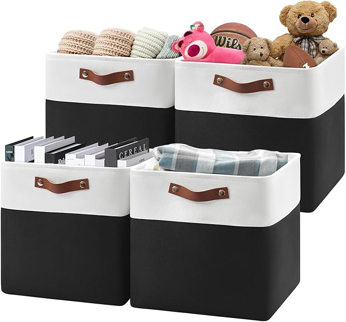 13 Inch Cube Storage Bins,Set of 4, Foldable Storage Basket with PU Handles for Organizing Home, Closet, Laundry, Office, Organizers for Shelves(White/Black)