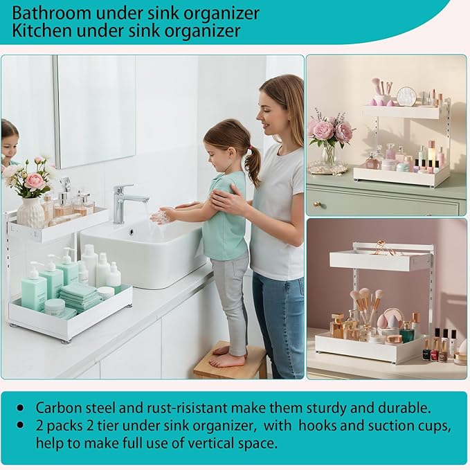 Under Sink Organizer, Bathroom Counter Organizer, 2 Packs 2-Tier Metal, Under Cabinet Storage, Makeup Storage, Adjustable Height & Slide-Out Drawer for Kitchen Bathroom Dorm Shop Office, White