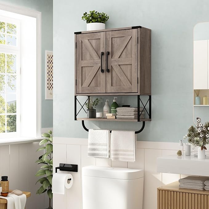 RUSTOWN Farmhouse Medicine Cabinet with 2 Barn Door, Wood Wall Mounted Storage Cabinet with Adjustable Shelf and Towel Bar, 3-Tier Bathroom Cabinet for Bathroom, Living Room(Washed Oak, Medium)