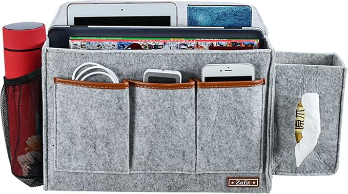 Zafit Bedside Caddy, Large Size Bedside Storage Organizer Bedside Organizer Caddy for Magazine Remotes Phone (13.4'' x 18.1'' Tissue box holder, Light Grey)